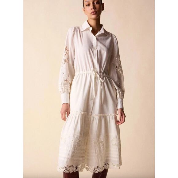 St. Roche Midi Shirt Dress White Cotton Collared Puff Sleeve Tiered Sz 6 Cottage - Picture 14 of 15